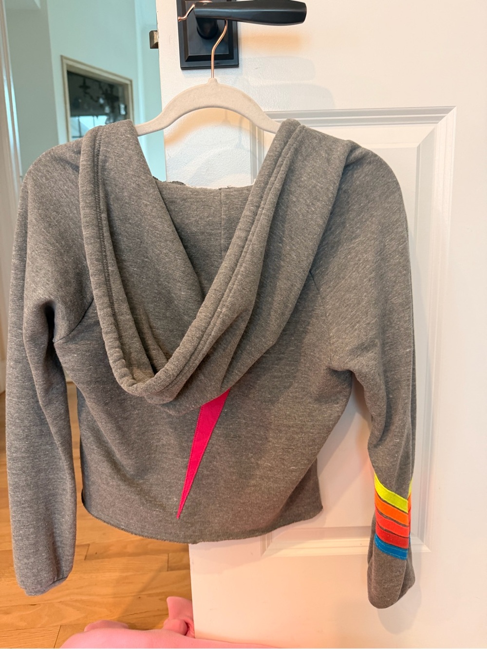 Aviator Nation Gray Hoodie with Neon Stripe Sleeve & Pink Lightning Bolt - Picture 5 of 5